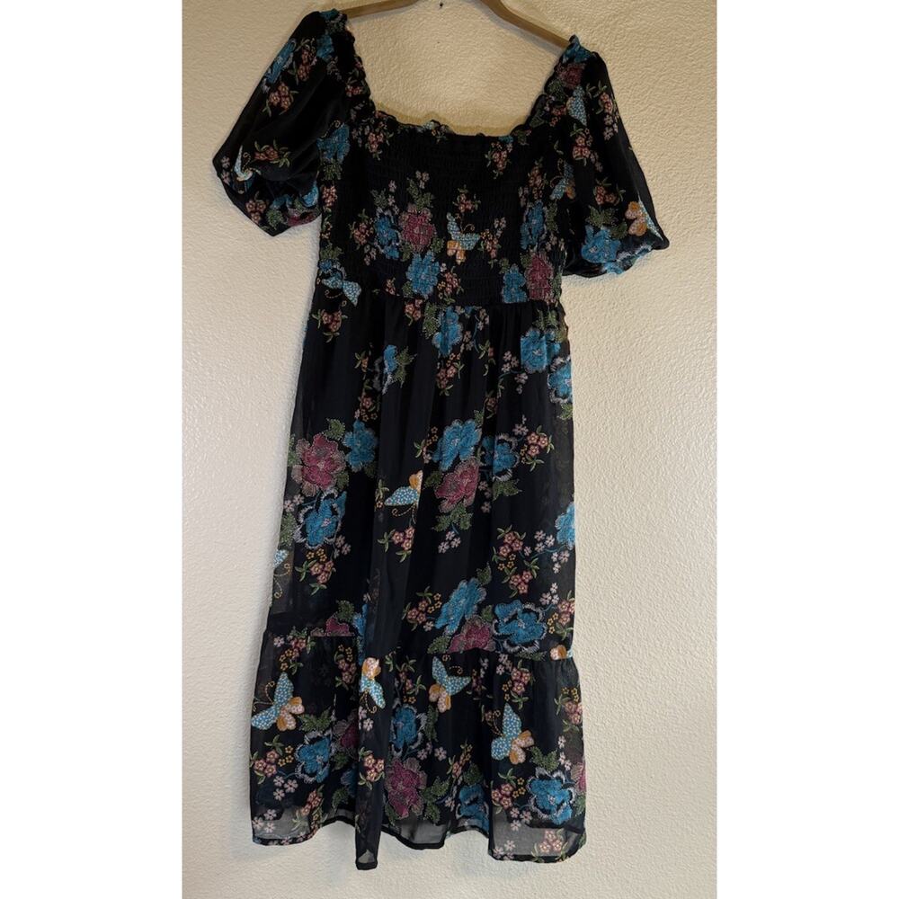 Lauren Conrad Medium Puff Sleeve Smocked Dress Black Floral Cottagecore
